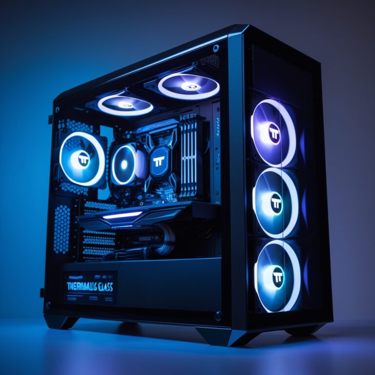 Build PC gaming 4K haute performance avec boîtier Corsair Frame, ventilateurs RGB bleus, éclairage LED et carte RTX 5080 — configuration ultime pour le gaming 4K en 2025.