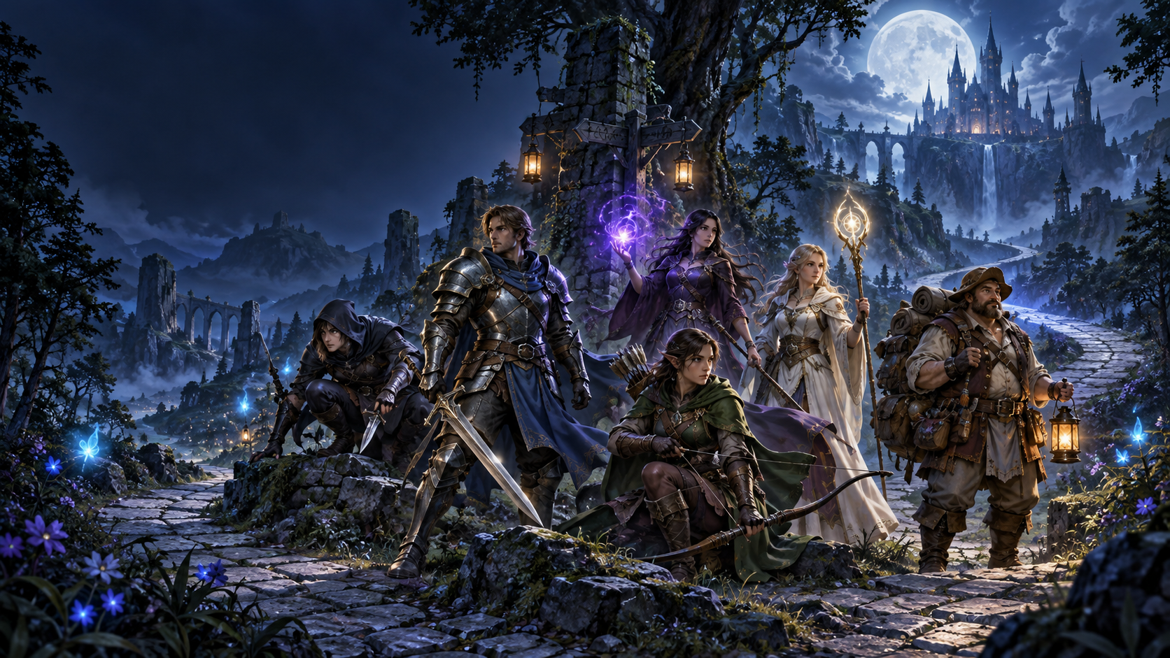 Six aventuriers représentant différentes classes dans un univers fantasy